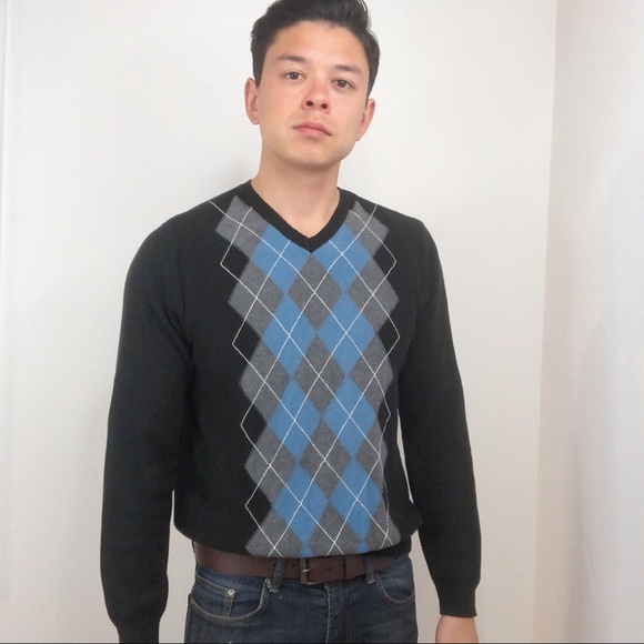 IZOD Argyle Black Sweater V-neck S - Picture 2 of 5